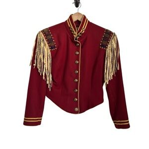 Vtg Double D Ranch Wear Beaded Fringe Wool Military Western Jacket Sz XS Red
